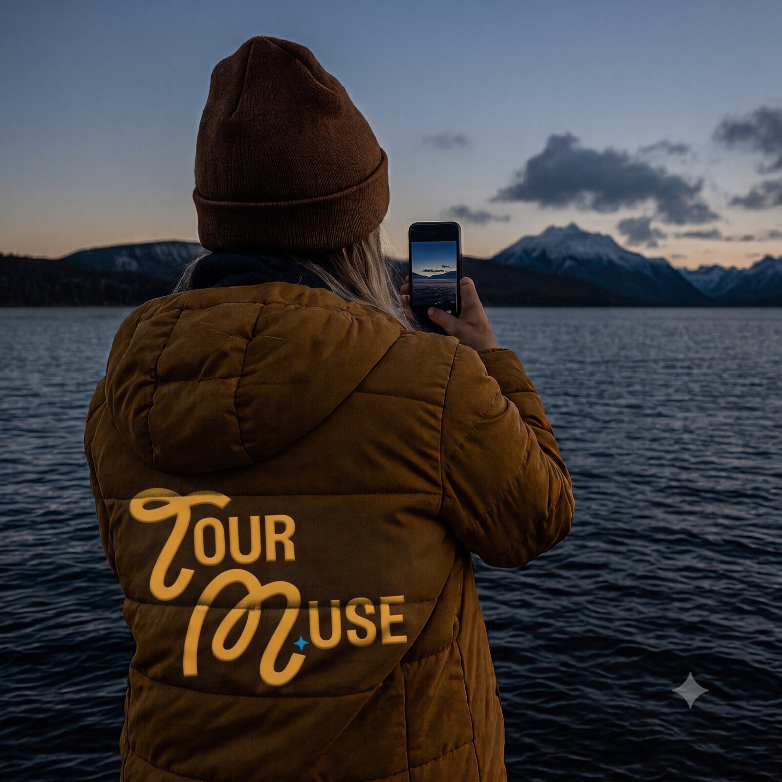 Explorer wearing TourMuse gear taking a photo at dusk by a lake